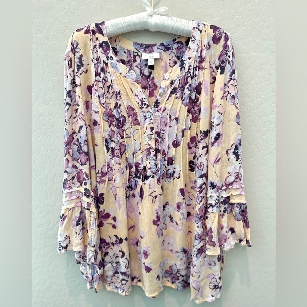 J. Jill Purple and Cream Blouse with V-Neck and Bell Sleeves